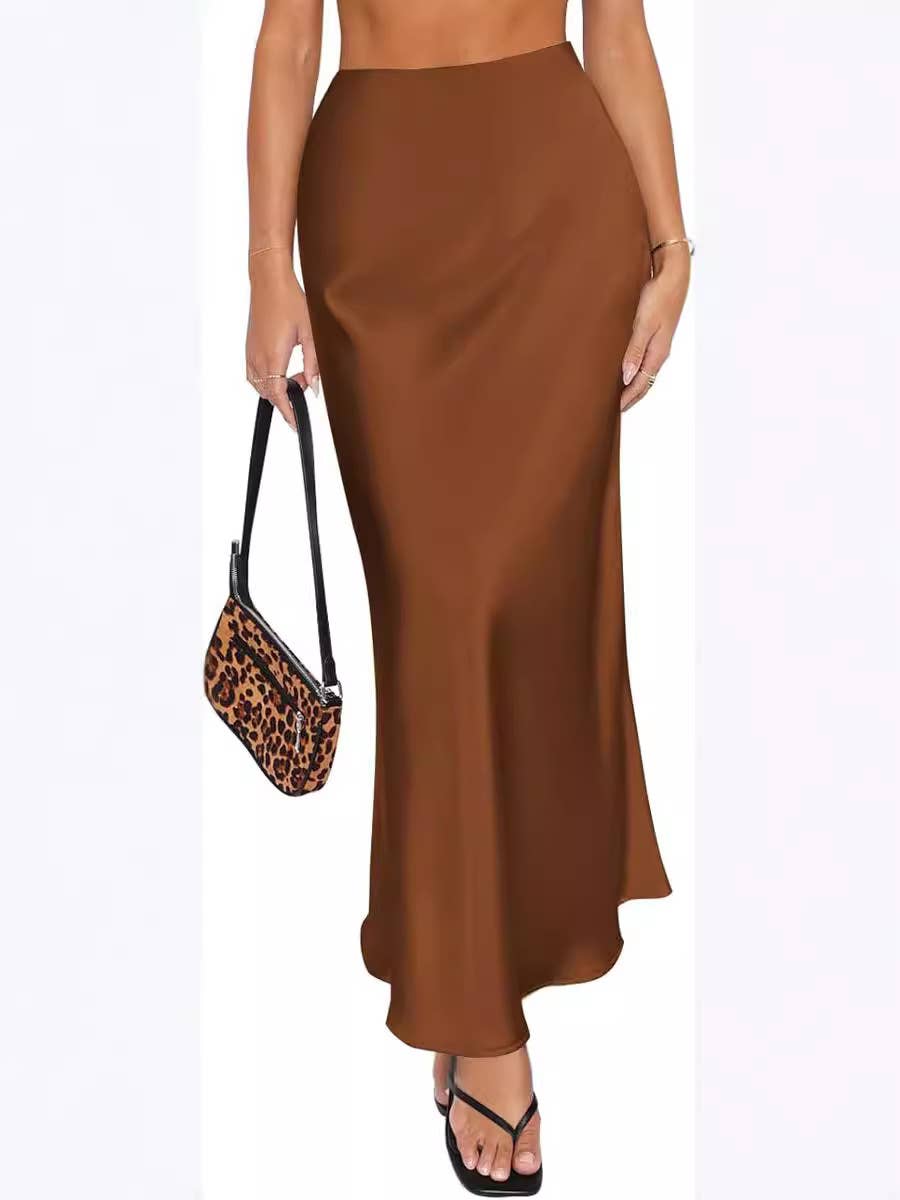 High-Waisted Satin Skirt - Coffee