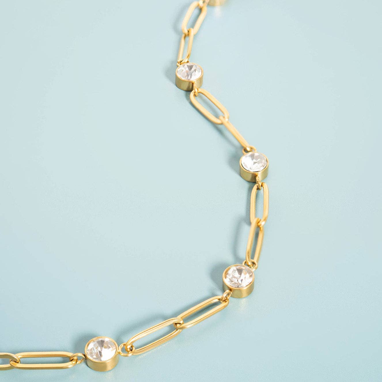 18K Gold PVD Station Stone Paperclip Chain Bracelet