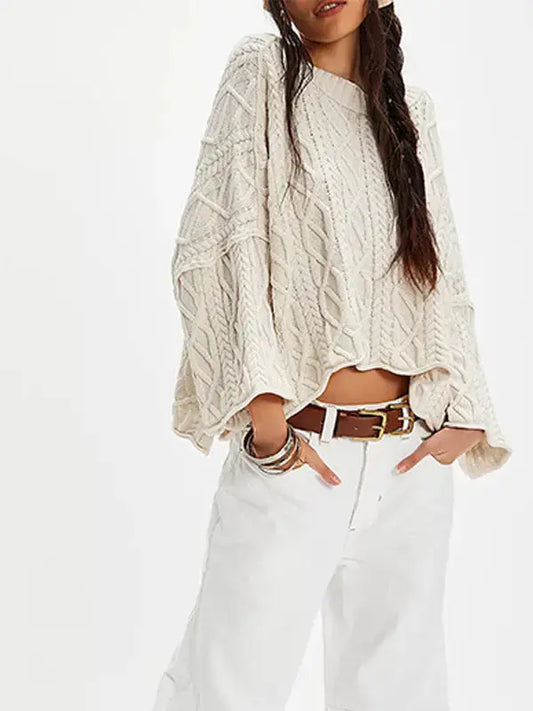 Cropped Cable Knit Sweater with Bell Sleeves
