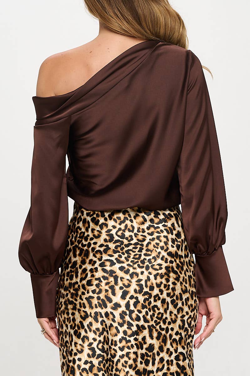 Dropped Shoulder Long Sleeve Satin Top