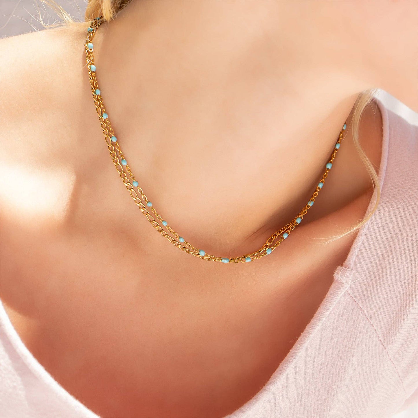 18K Gold Stainless Steel Turquoise Chain Necklace