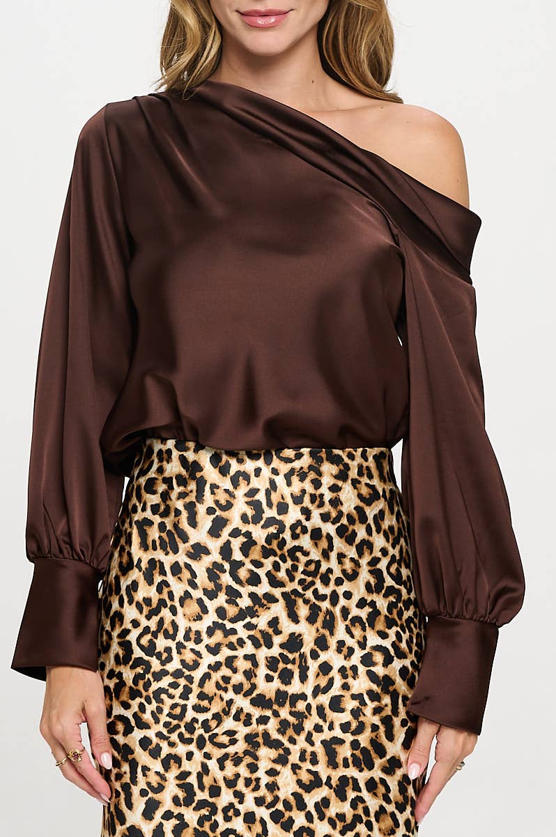 Dropped Shoulder Long Sleeve Satin Top