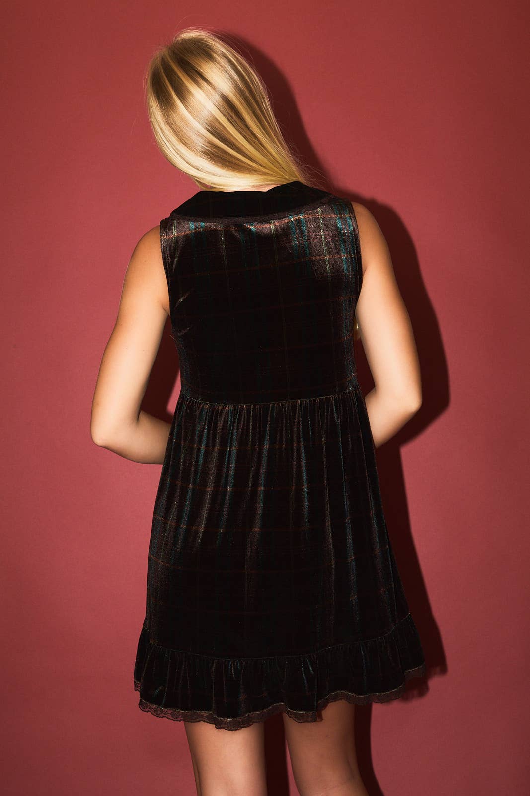 VELVET Plaid COLLARED SLEEVELESS MINI DRESS