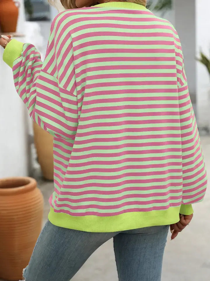 Casual Striped Crew Neck Sweatshirt | Pink & Green Loose Fit