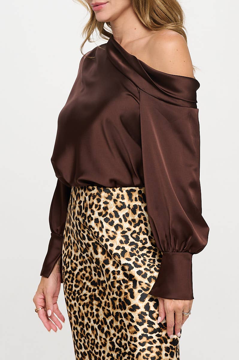 Dropped Shoulder Long Sleeve Satin Top