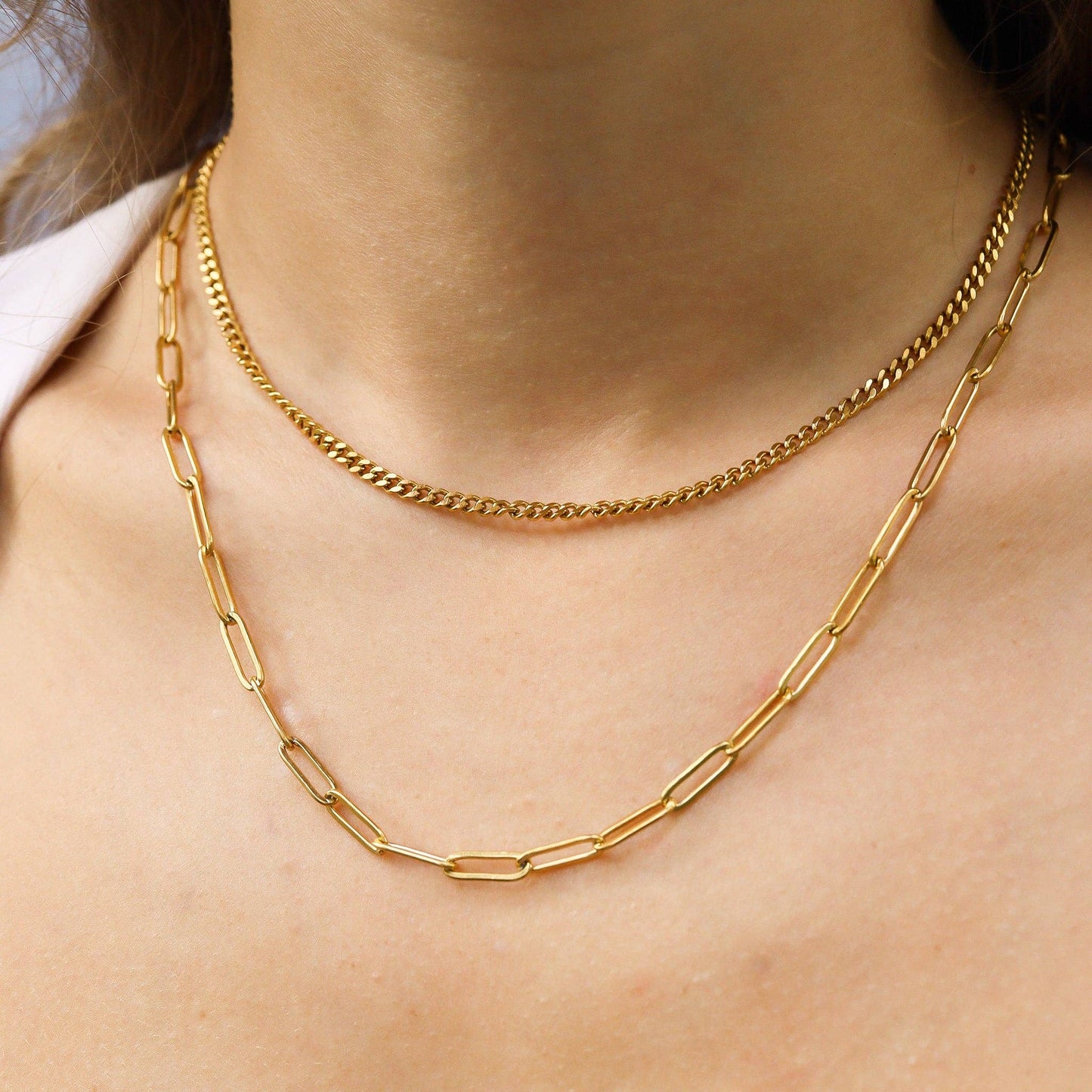 18K Gold PVD Stainless Steel Curb and Paperclip Layered Chain Necklace