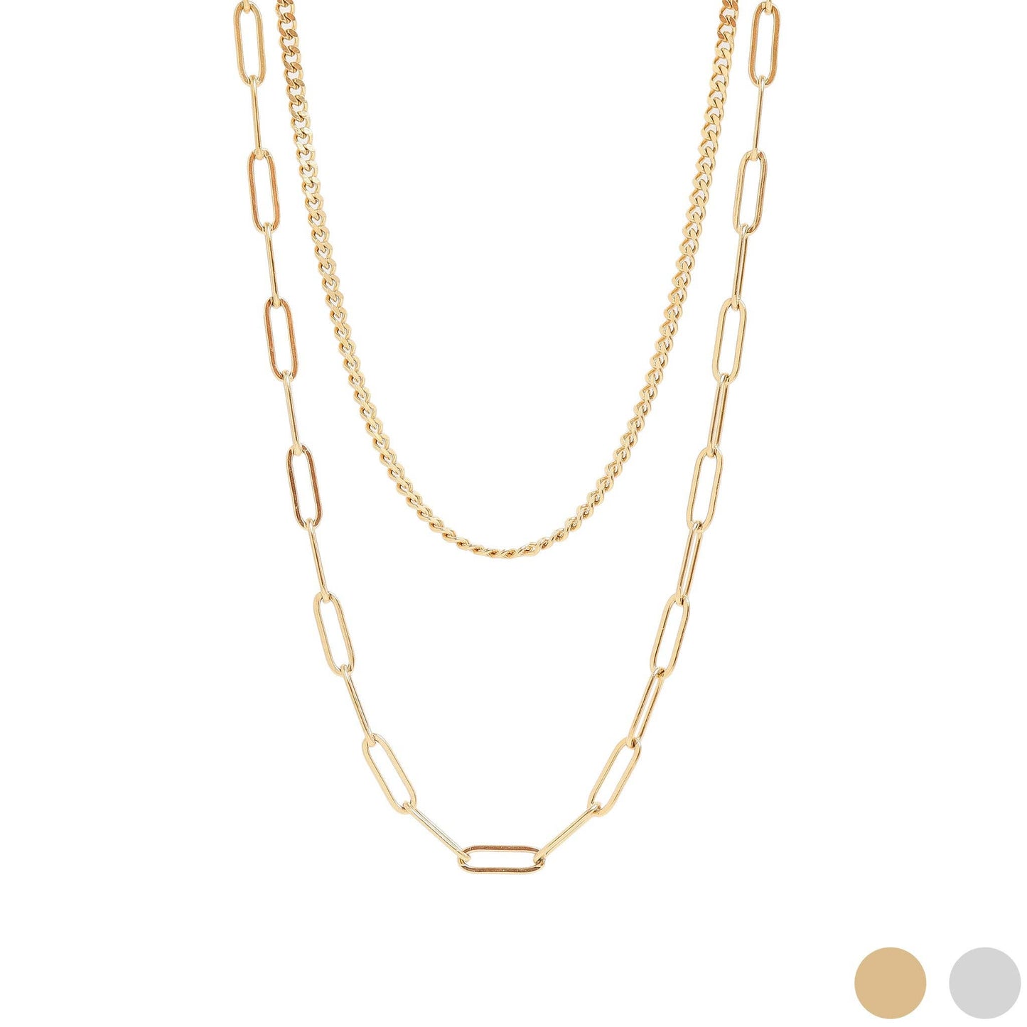 18K Gold PVD Stainless Steel Curb and Paperclip Layered Chain Necklace