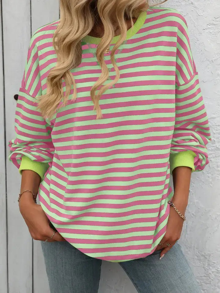 Casual Striped Crew Neck Sweatshirt | Pink & Green Loose Fit